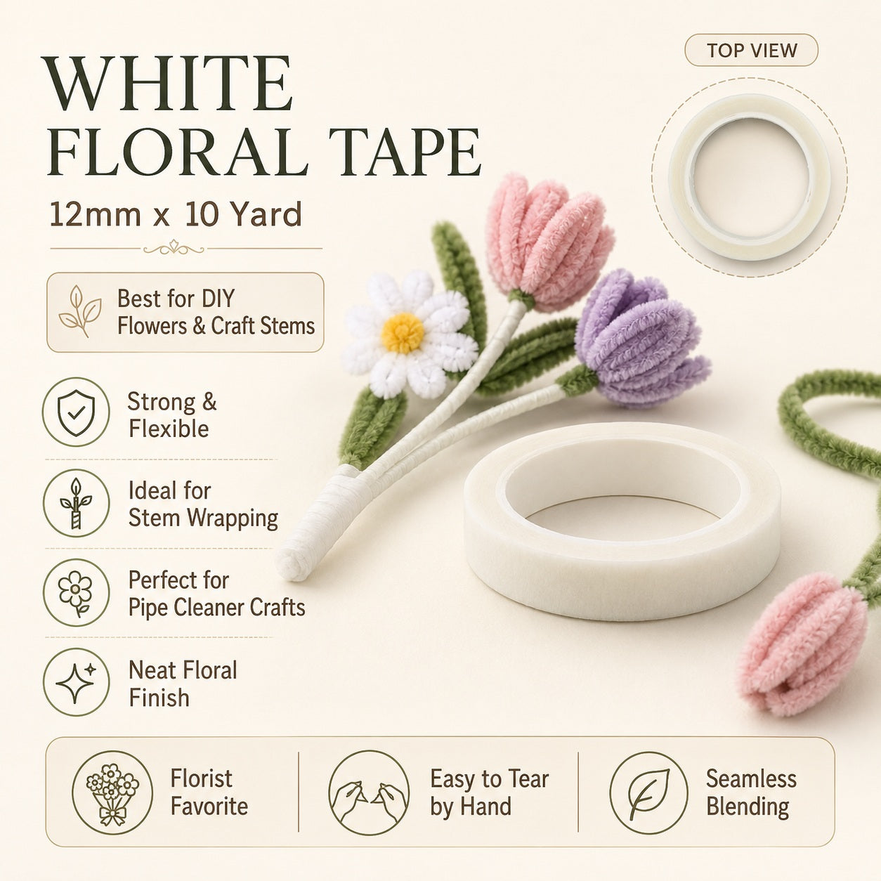 White Floral Tape – 12 MM × 10 Yard