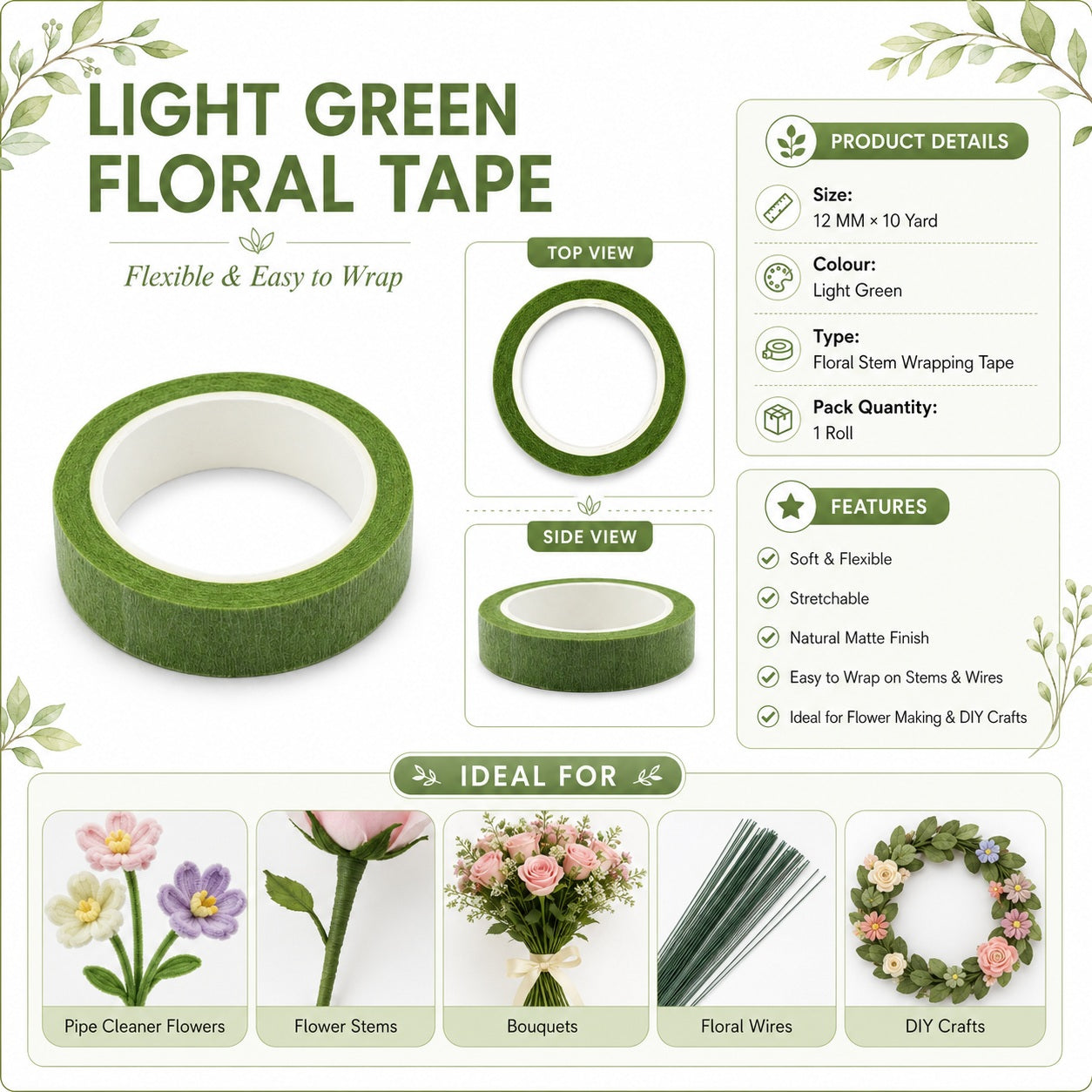 Light Green Floral Tape – 12 MM × 10 Yard