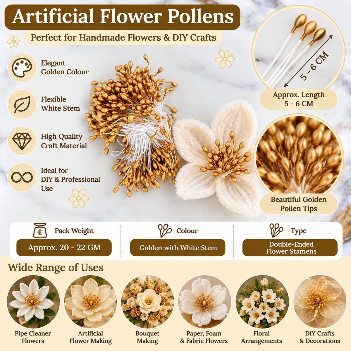 GENERIC Golden Artificial Flower Polons / Stamens for Flower Making – 5–6 CM | Approx. 20–22 GM Pack