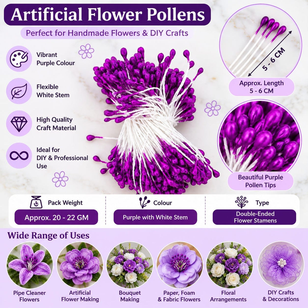 GENERIC Purple Artificial Flower Polons / Stamens for Flower Making – 5–6 CM | Approx. 20–22 GM Pack