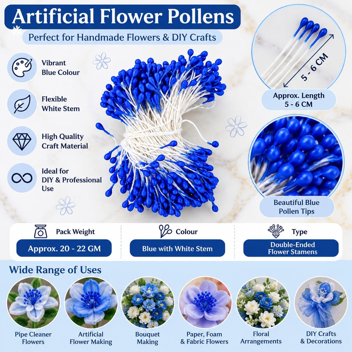 GENERIC Blue Artificial Flower Polons / Stamens for Flower Making – 5–6 CM | Approx. 20–22 GM Pack