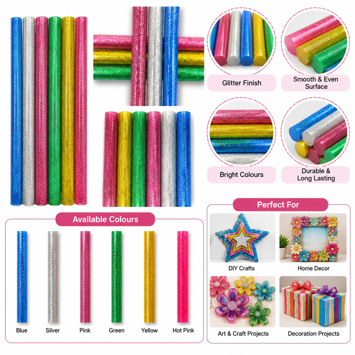 11mm Mixed Colour Glitter Hot Melt Glue Sticks (17.5cm) – Pack Of 6