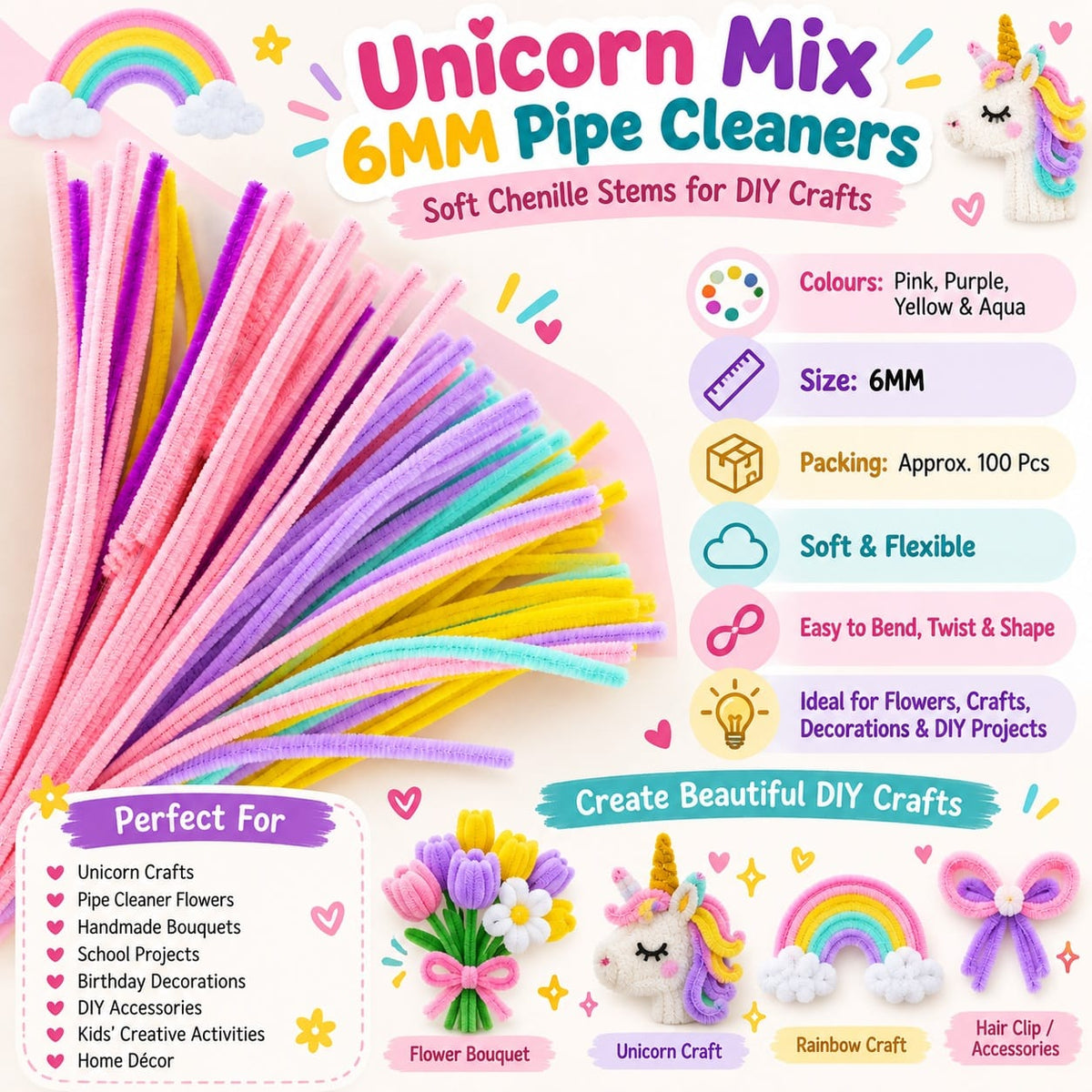 generic Unicorn Theme Fluffy 6MM Pipe Cleaners for DIY Crafts – Pink, Purple, Yellow & Aqua | Approx. 100 Pcs