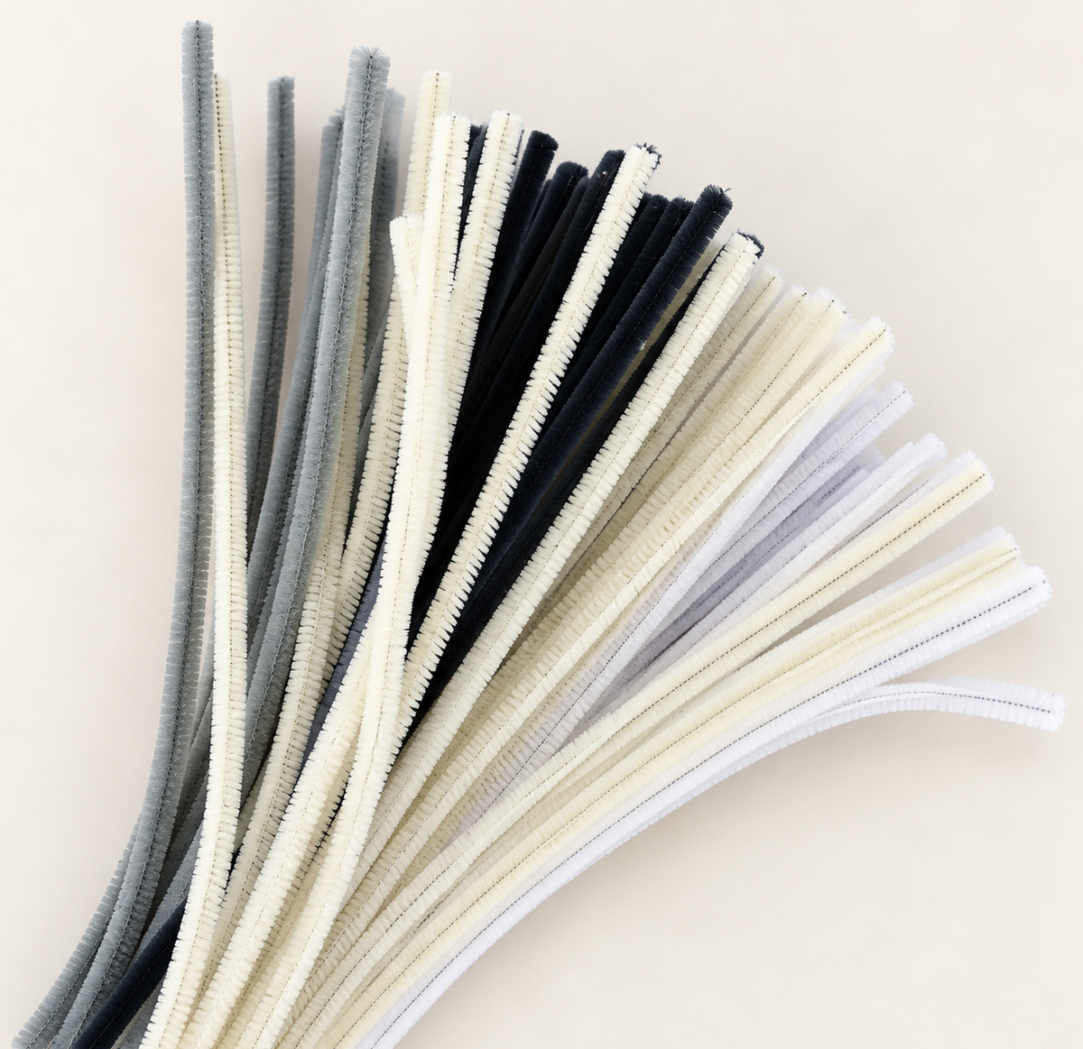 Fluffy Neutral Family Mix 6MM Pipe Cleaners for DIY Crafts – Black, Grey, White & Cream | Approx. 100 Pcs
