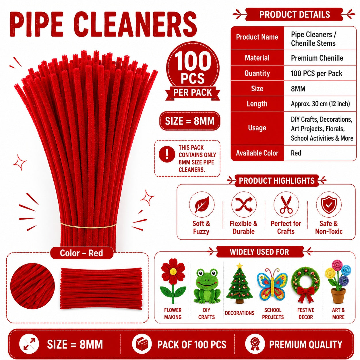 Crafteria Red Premium Pipe Cleaners (8MM Approx.)