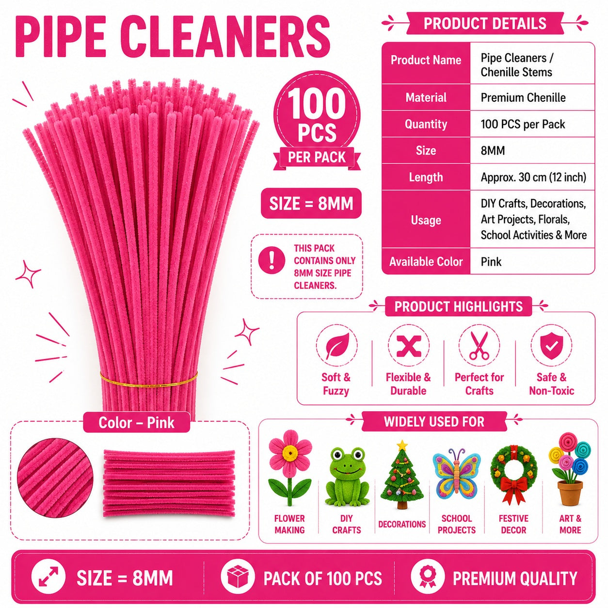 Crafteria Pink Premium Pipe Cleaners (8MM Approx.)
