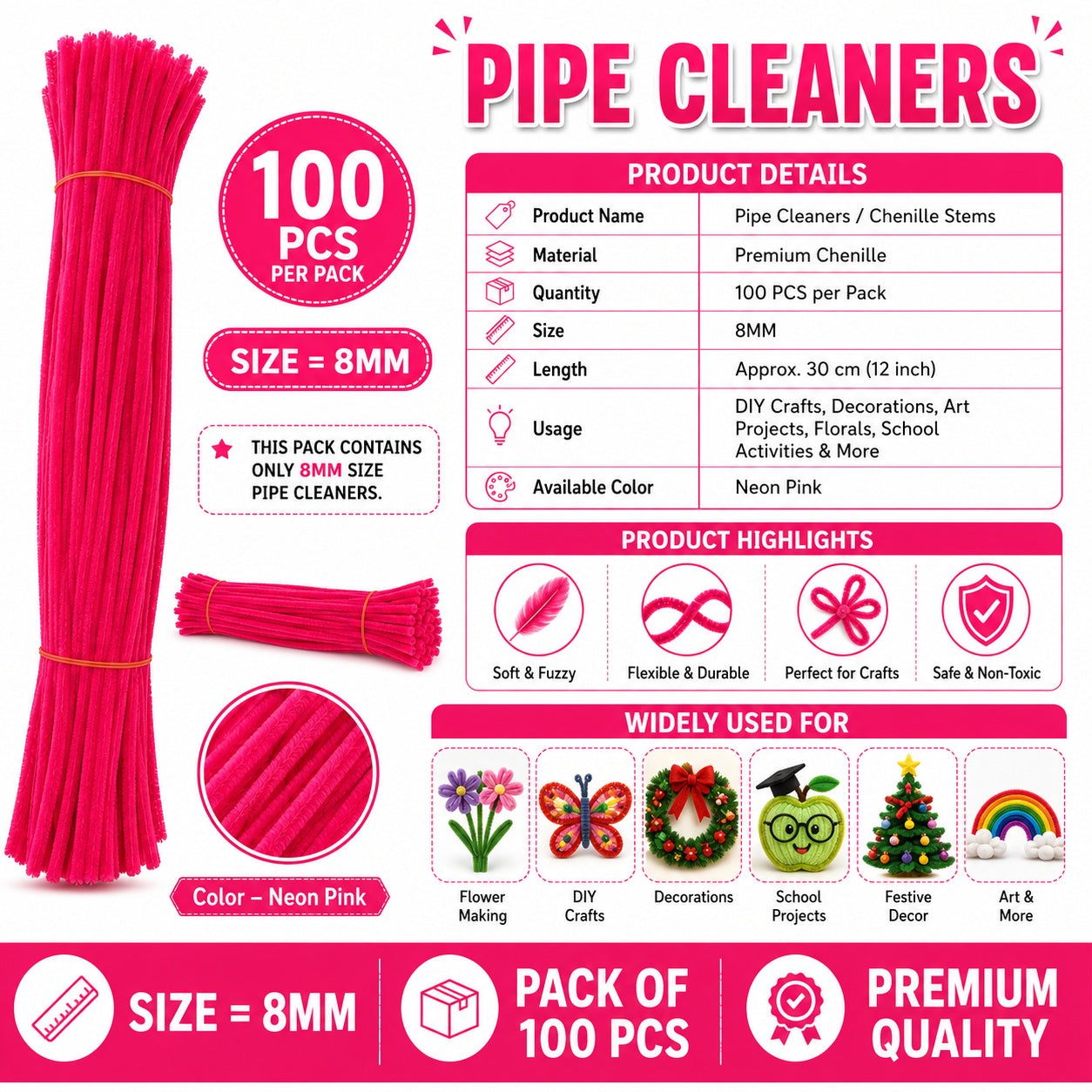 Crafteria Neon Pink Premium Pipe Cleaners (8MM Approx.)