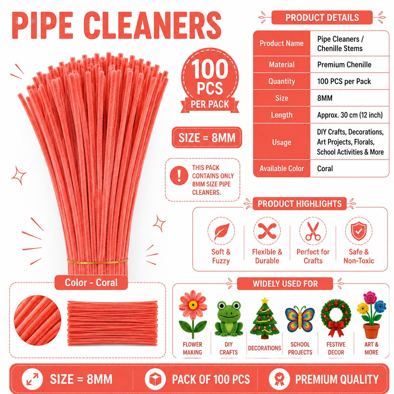 Crafteria Coral Premium Pipe Cleaners (8MM Approx.)