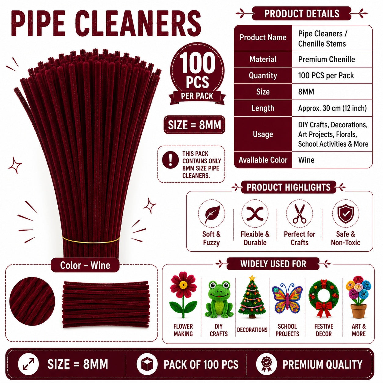 Crafteria Wine Premium Pipe Cleaners (8MM Approx.)