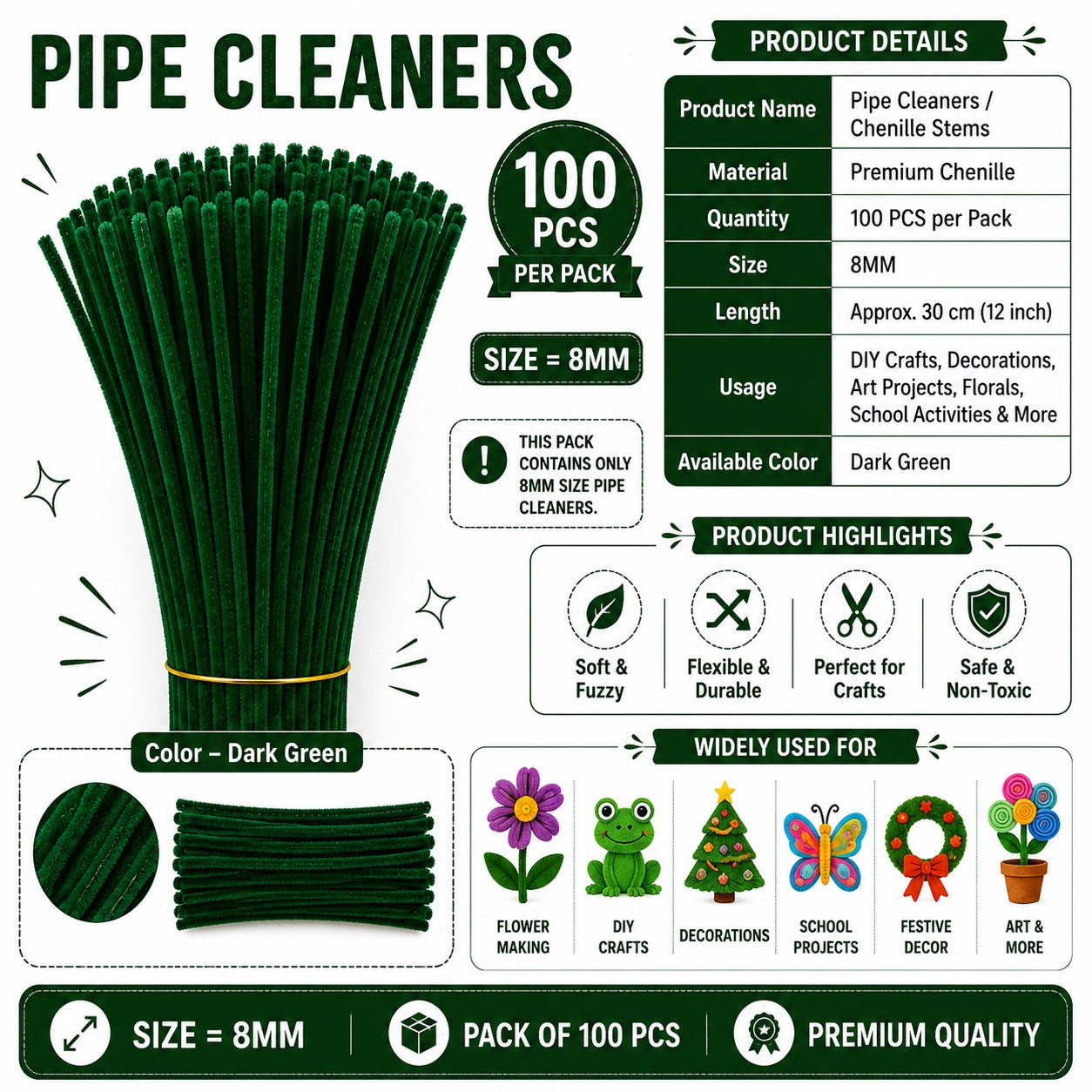 Crafteria Dark Green Premium Pipe Cleaners (8MM Approx.)
