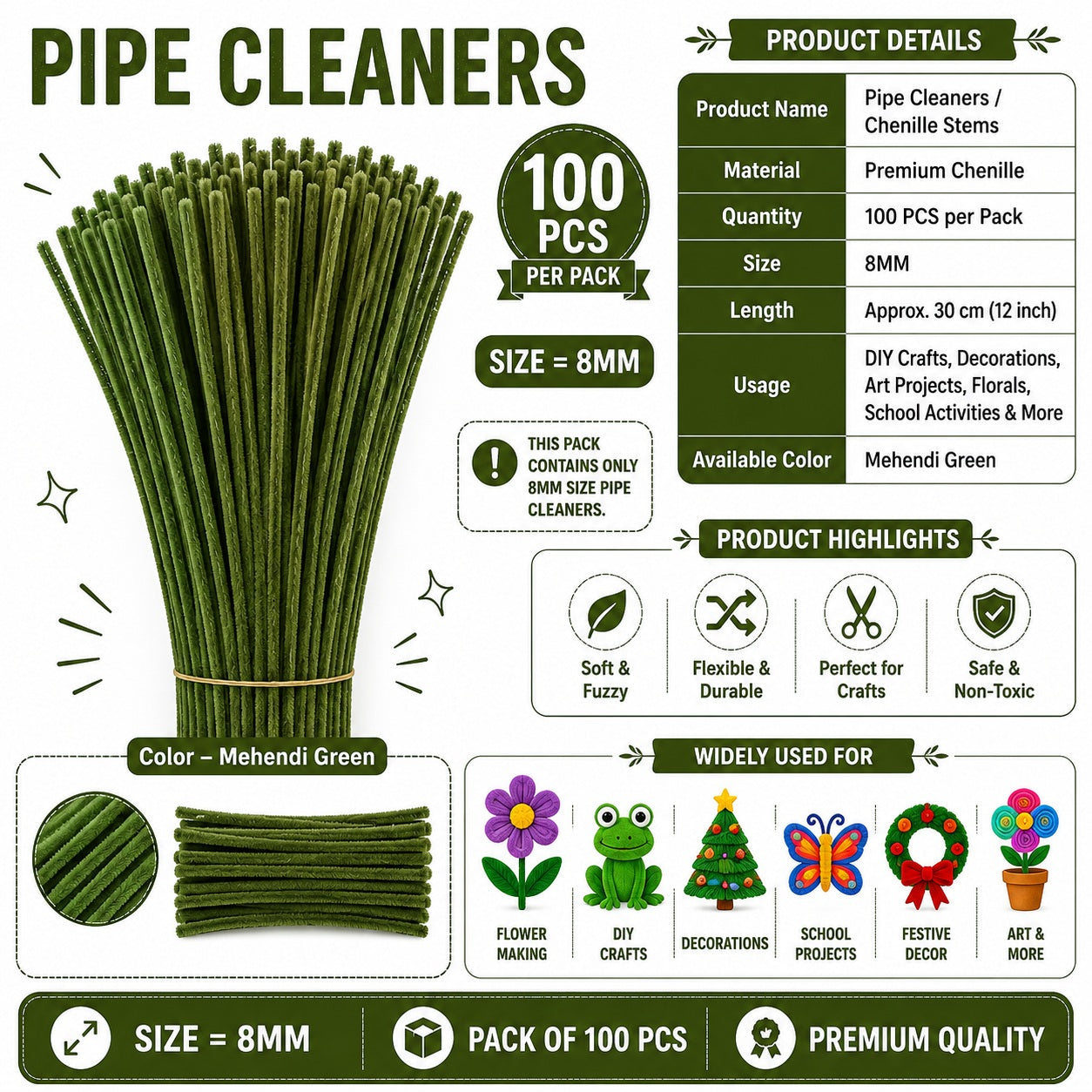 Crafteria Mehendi Green Premium Pipe Cleaners (8MM Approx.)