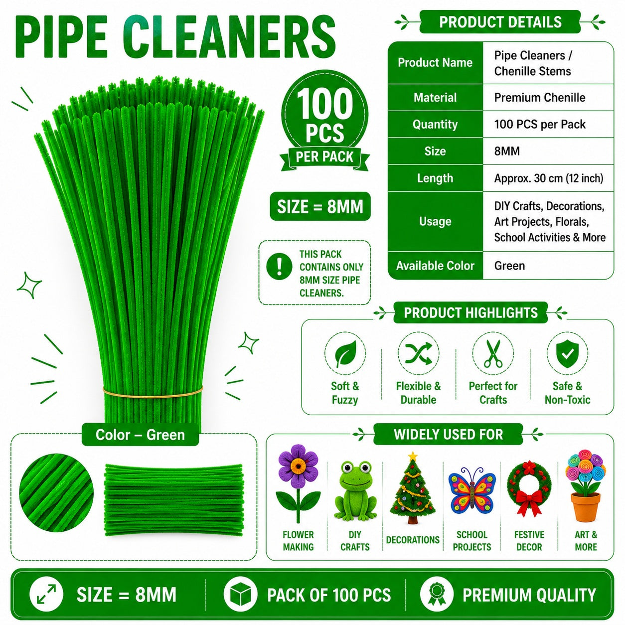 Crafteria Green Premium Pipe Cleaners (8MM Approx.)