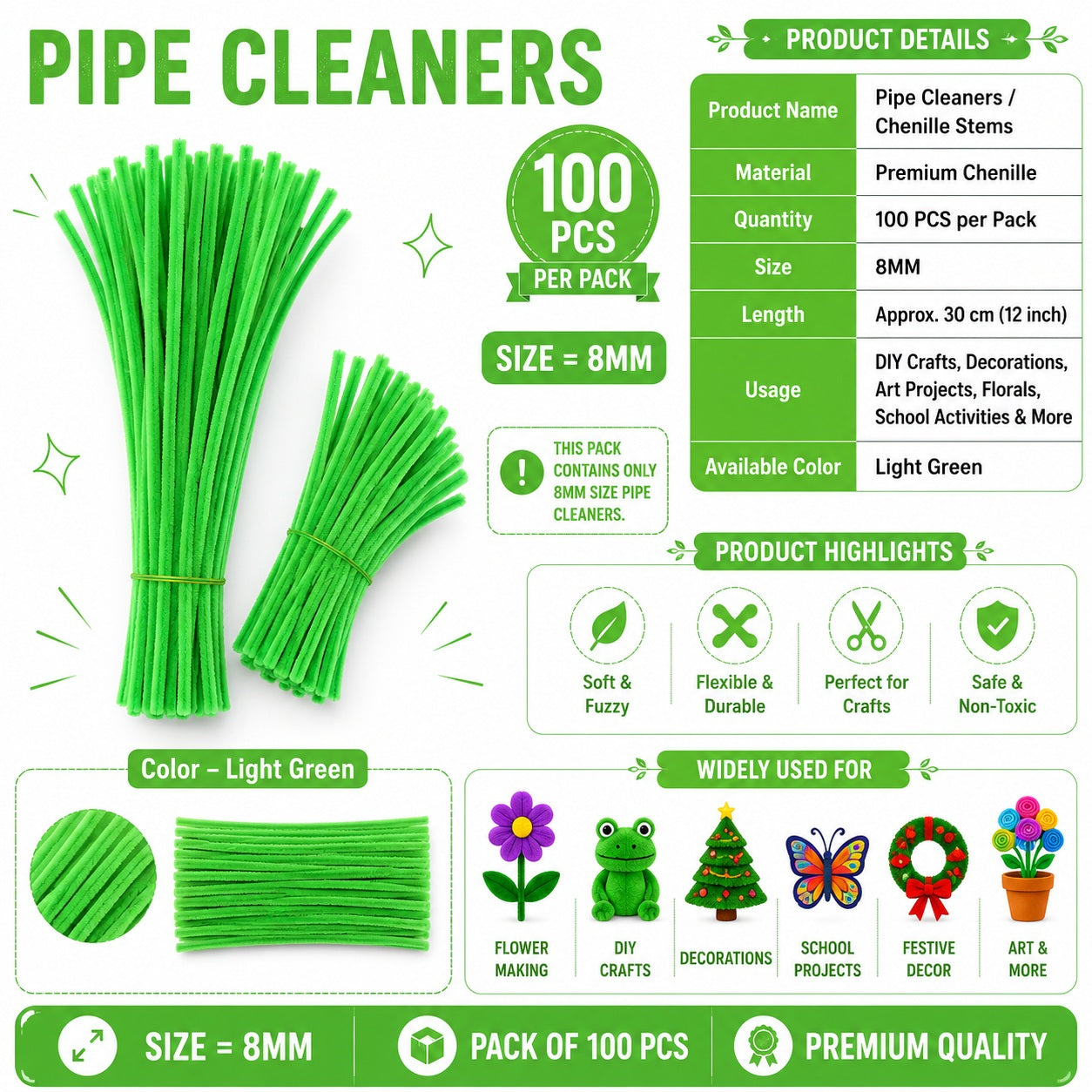 Crafteria Light Green Premium Pipe Cleaners (8MM Approx.)
