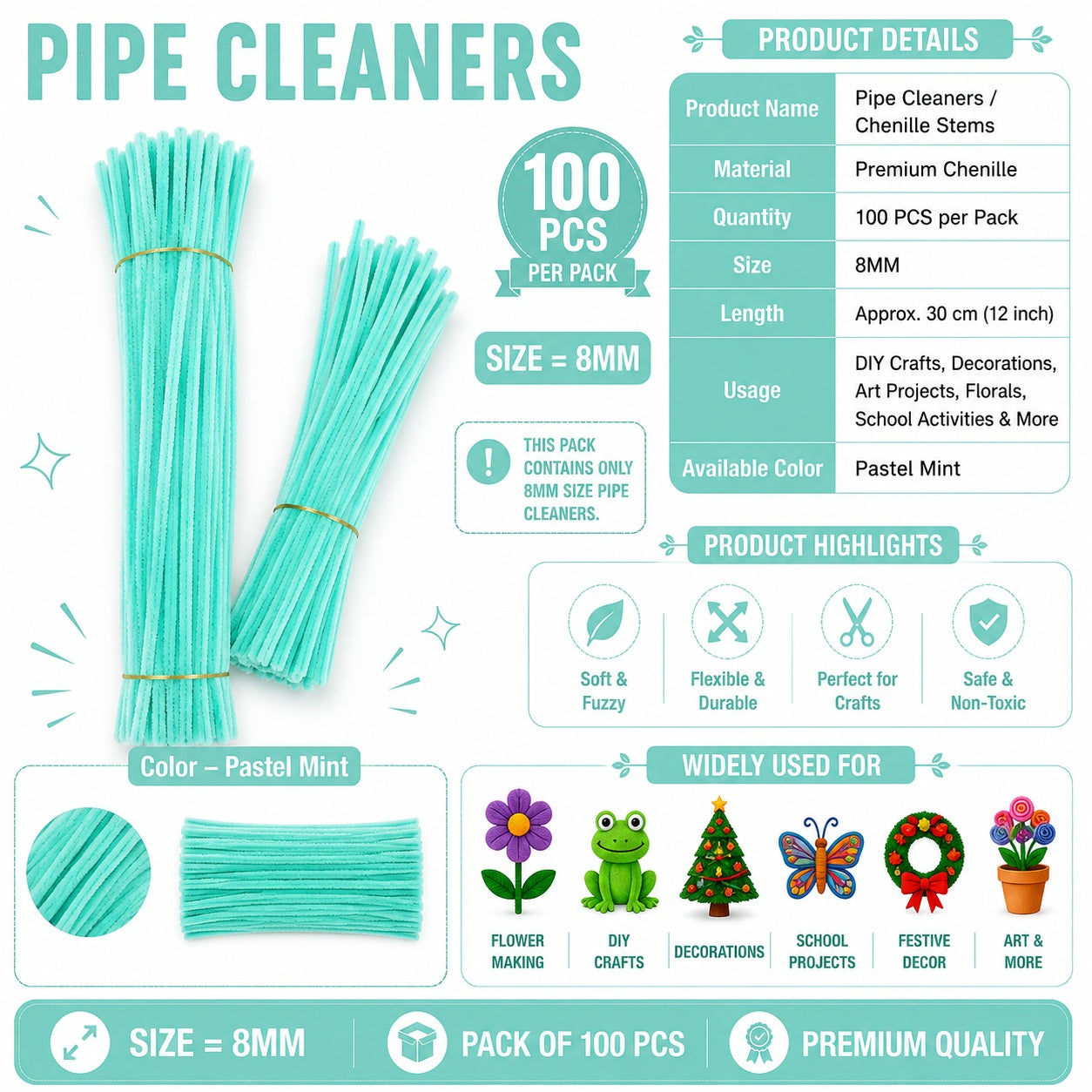 Crafteria Pastel Mint Green Premium Pipe Cleaners (8MM Approx.)