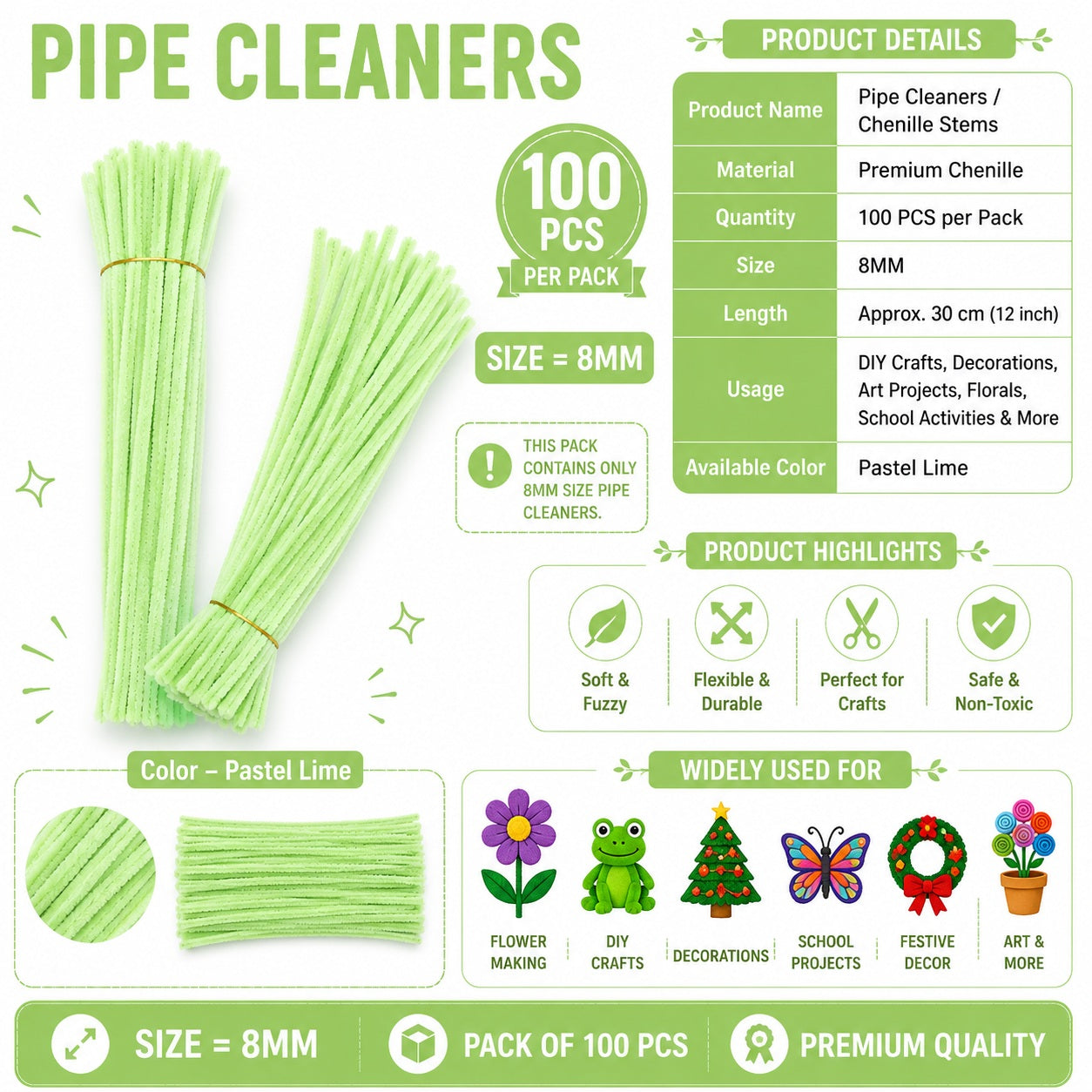 Crafteria Pastel Lime Premium Pipe Cleaners (8MM Approx.)
