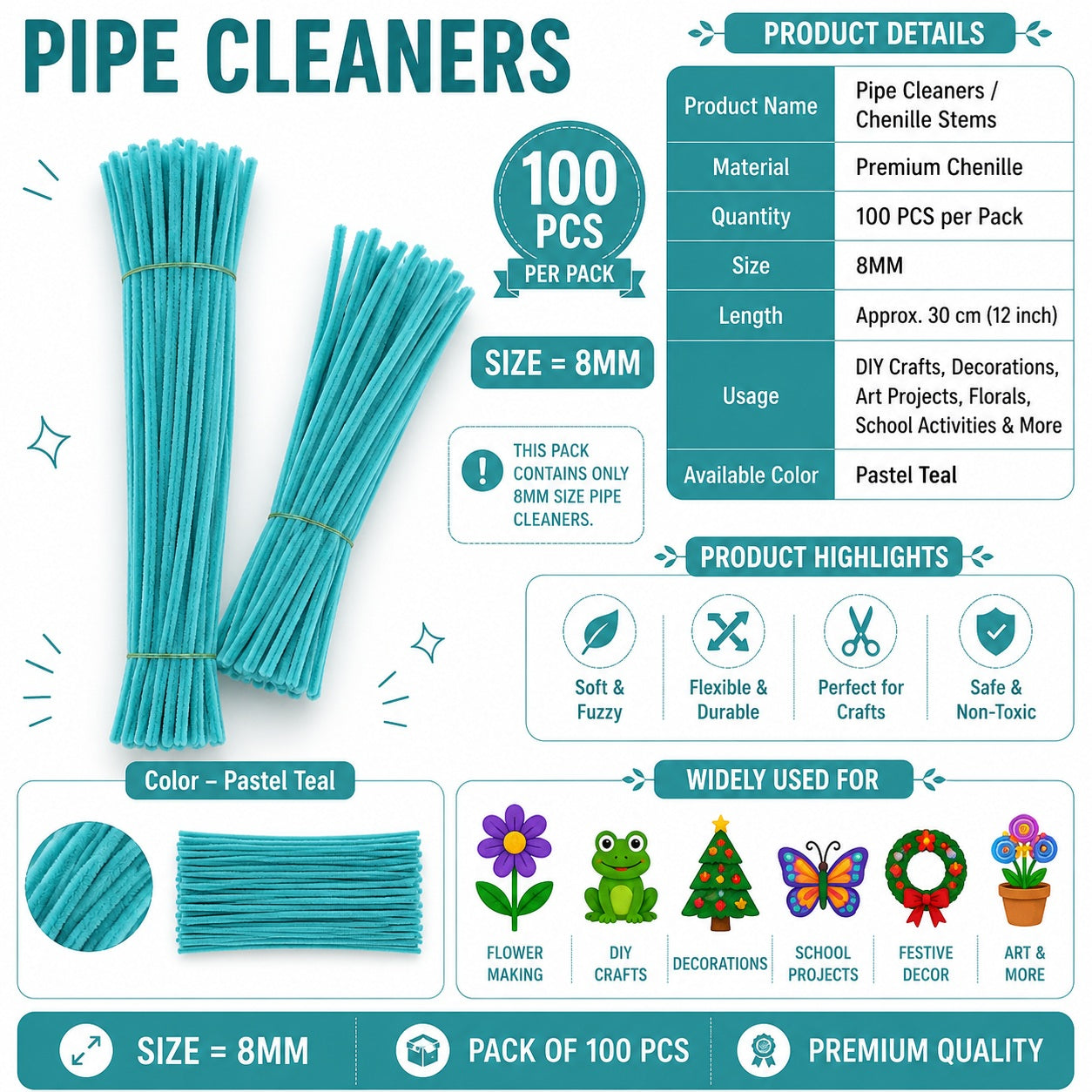Crafteria Pastel Teal Premium Pipe Cleaners (8MM Approx.)