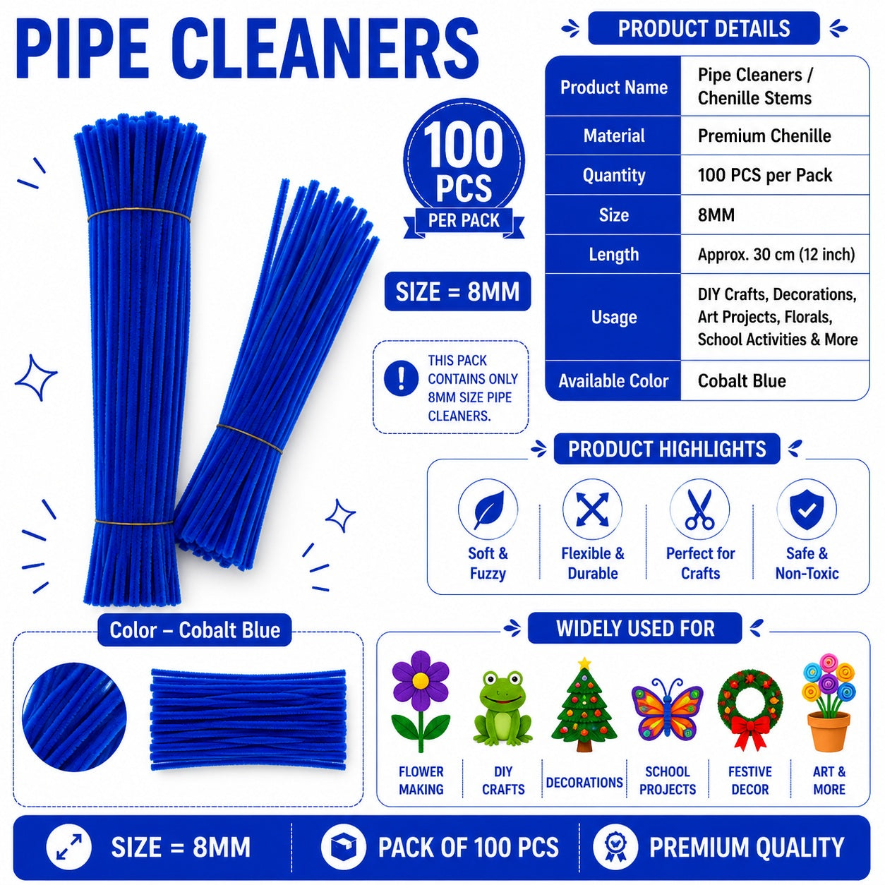 Crafteria Cobalt Blue Premium Pipe Cleaners (8MM Approx.)