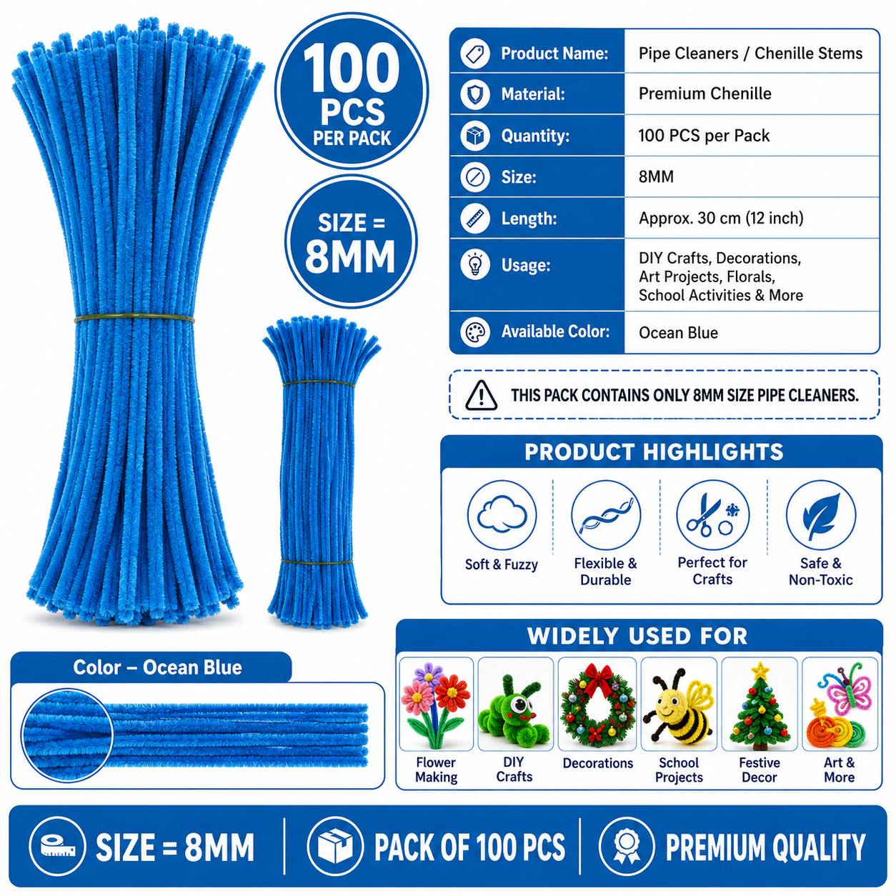Crafteria Ocean Blue Premium Pipe Cleaners (8MM Approx.)