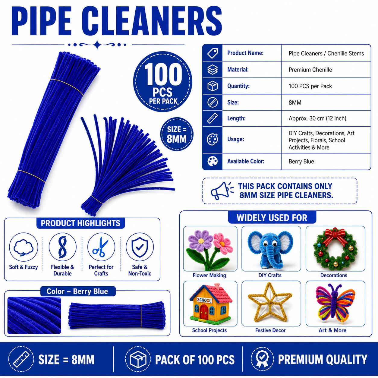 Crafteria Berry Blue Premium Pipe Cleaners (8MM Approx.)
