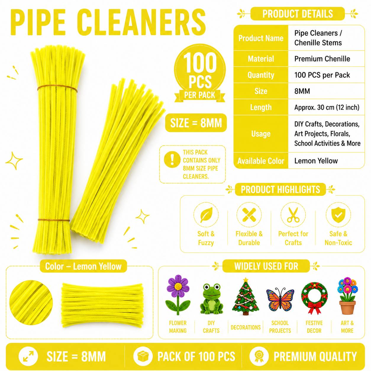 Crafteria Lemon Yellow Premium Pipe Cleaners (8MM Approx.)