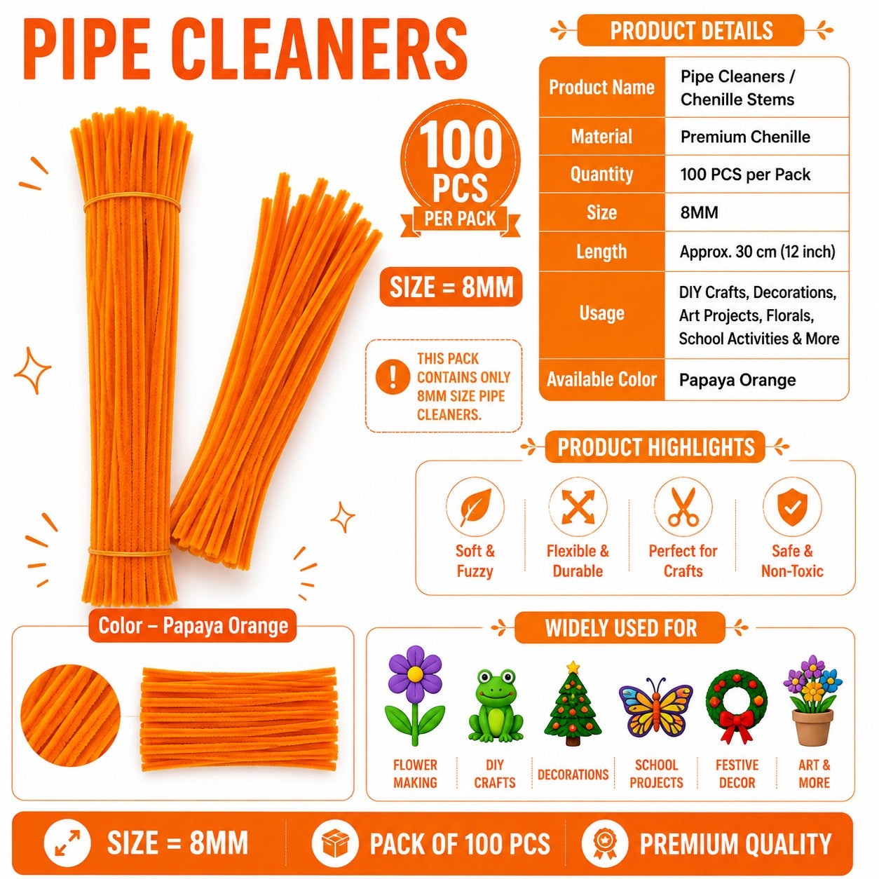 Crafteria Papaya Orange Premium Pipe Cleaners (8MM Approx.)