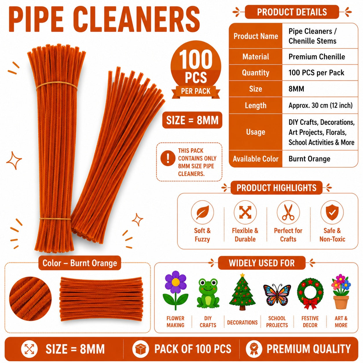 Crafteria Burnt Orange Premium Pipe Cleaners (8MM Approx.)