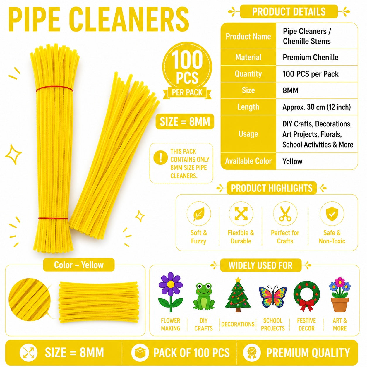 Crafteria Yellow Premium Pipe Cleaners (8MM Approx.)