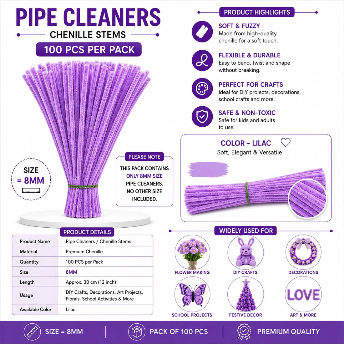 Premium Pipe Cleaners (7-8MM Approx.) (Lilac)