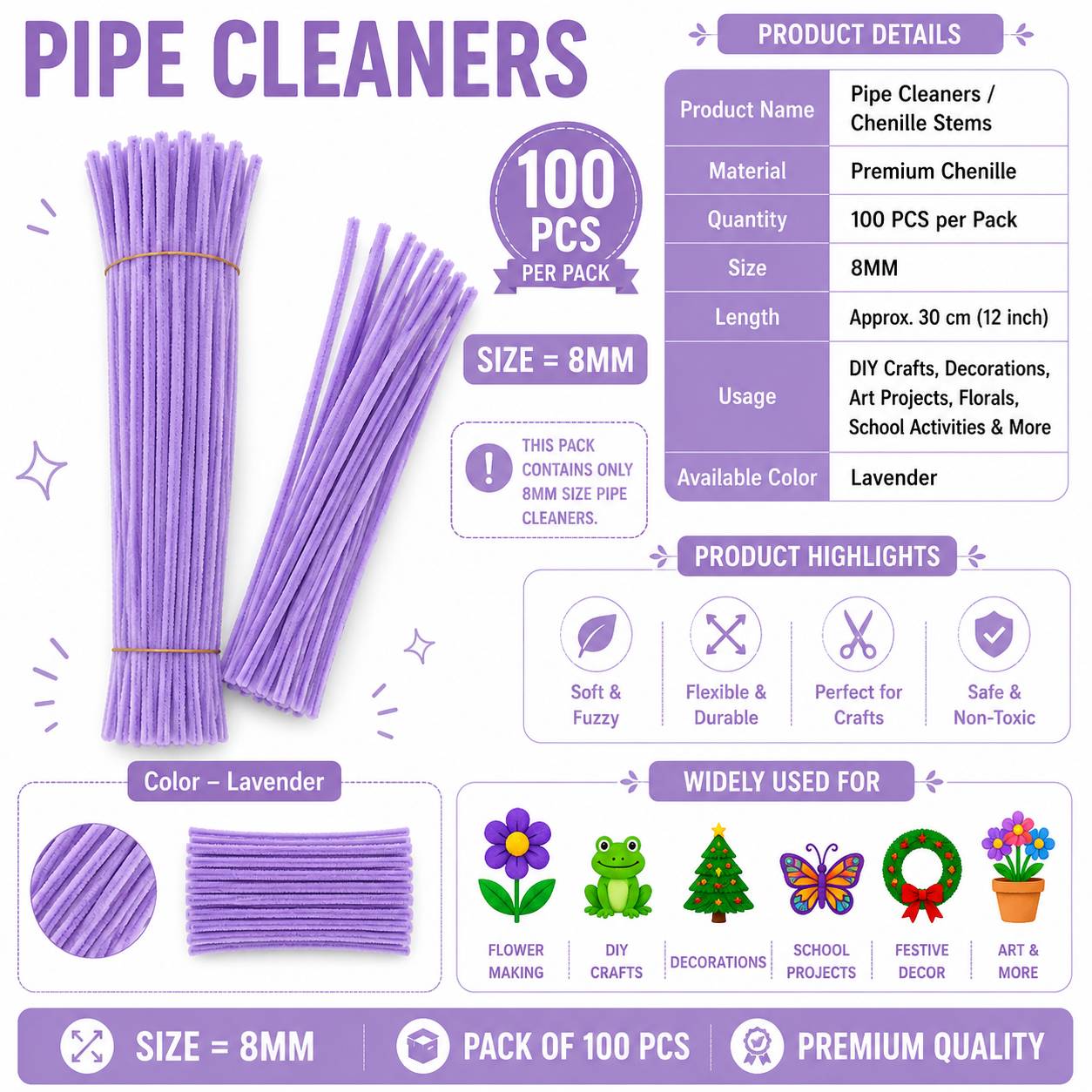 Crafteria Lavender Premium Pipe Cleaners (8MM Approx.)
