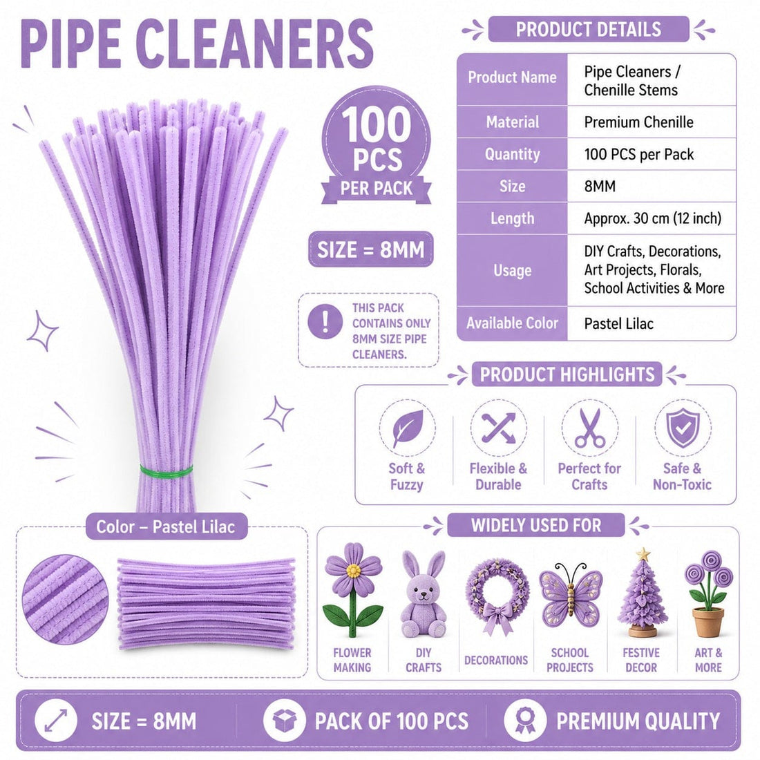 Premium Pipe Cleaners (7-8MM Approx.) (Pastel Lilac)