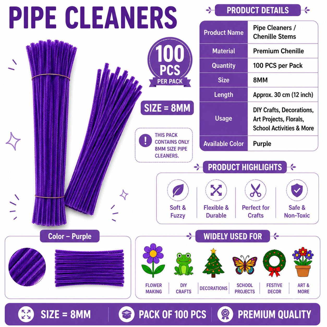 Crafteria Purple Premium Pipe Cleaners (8MM Approx.)
