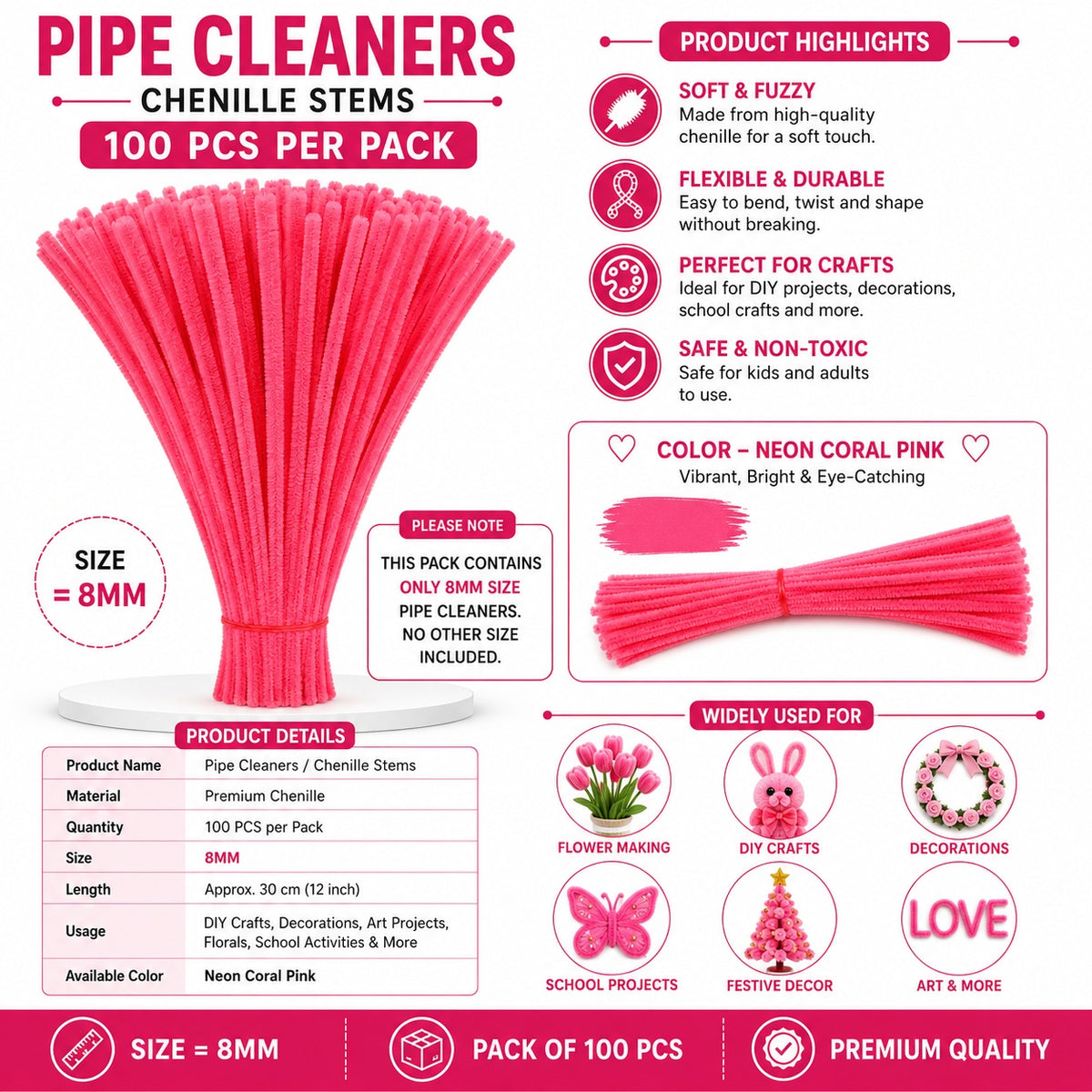 Premium Pipe Cleaners (7-8MM Approx.) (Neon Coral Pink)