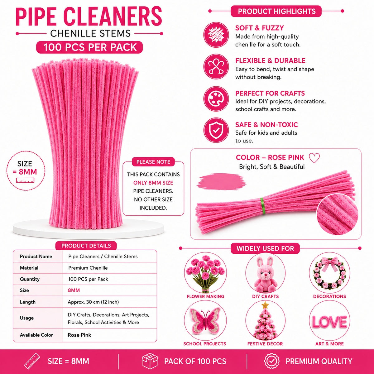 Premium Pipe Cleaners (7-8MM Approx.) (Rose Pink)