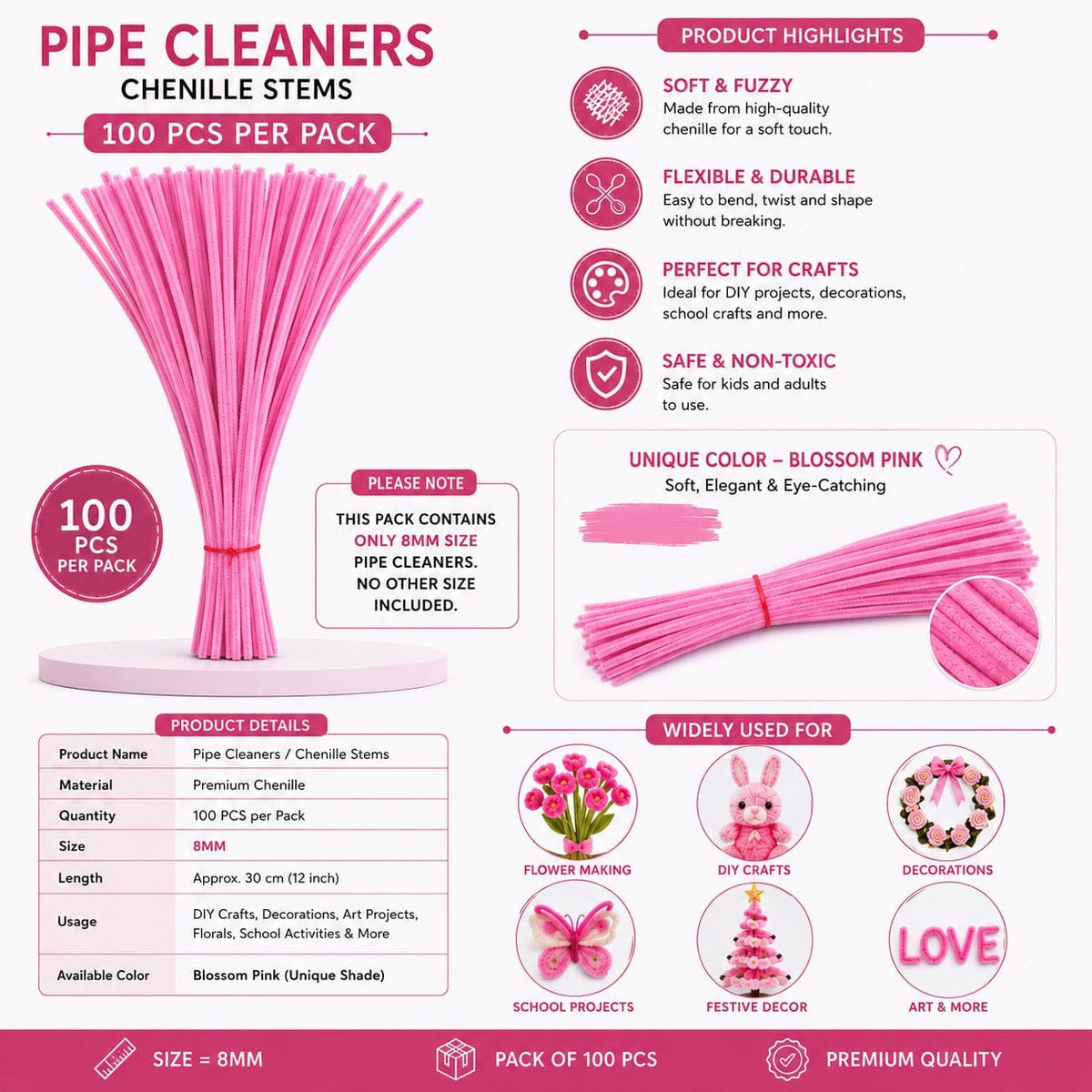 Premium Pipe Cleaners (7-8MM Approx.) (Blossom Pink)