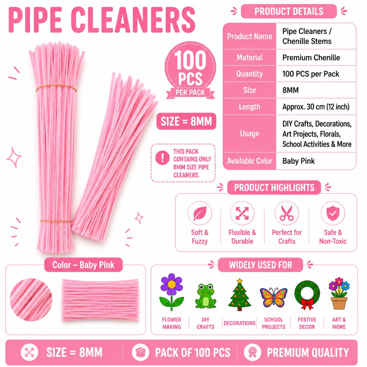 Crafteria Baby Pink Premium Pipe Cleaners (8MM Approx.)