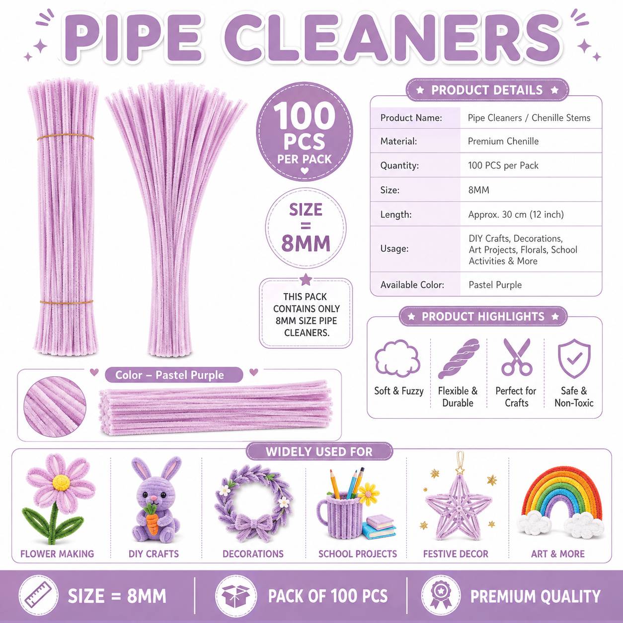 Crafteria Pastel Purple Premium Pipe Cleaners (8MM Approx.)