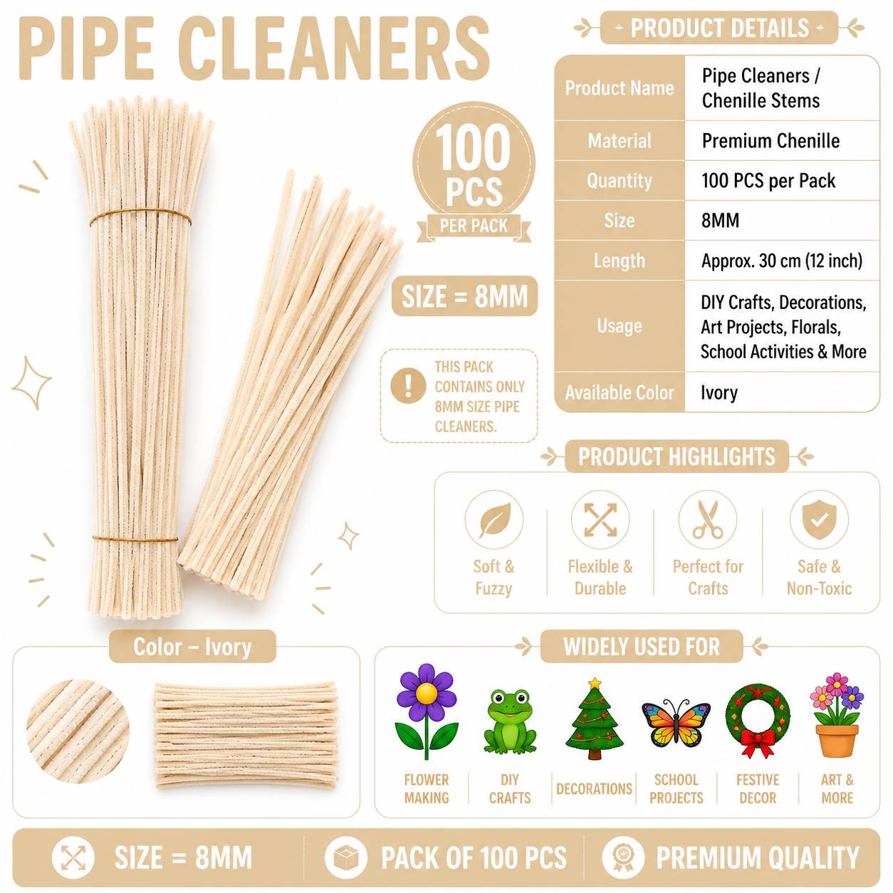 Crafteria Ivory Premium Pipe Cleaners (8MM Approx.)