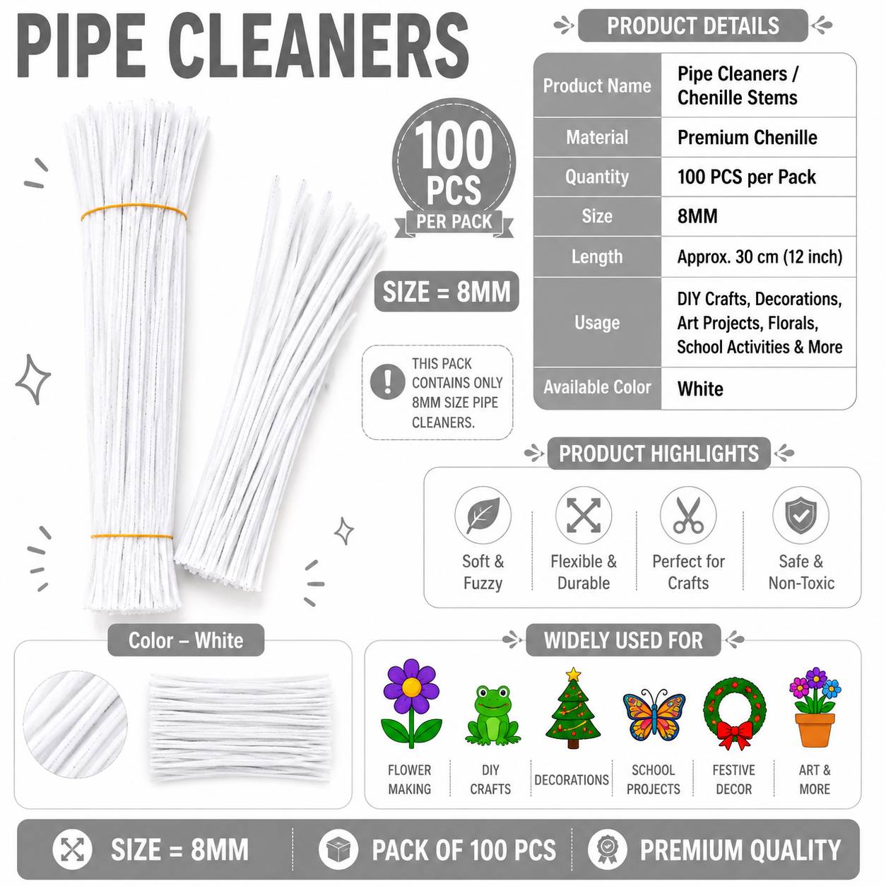 Crafteria White Premium Pipe Cleaners (8MM Approx.)