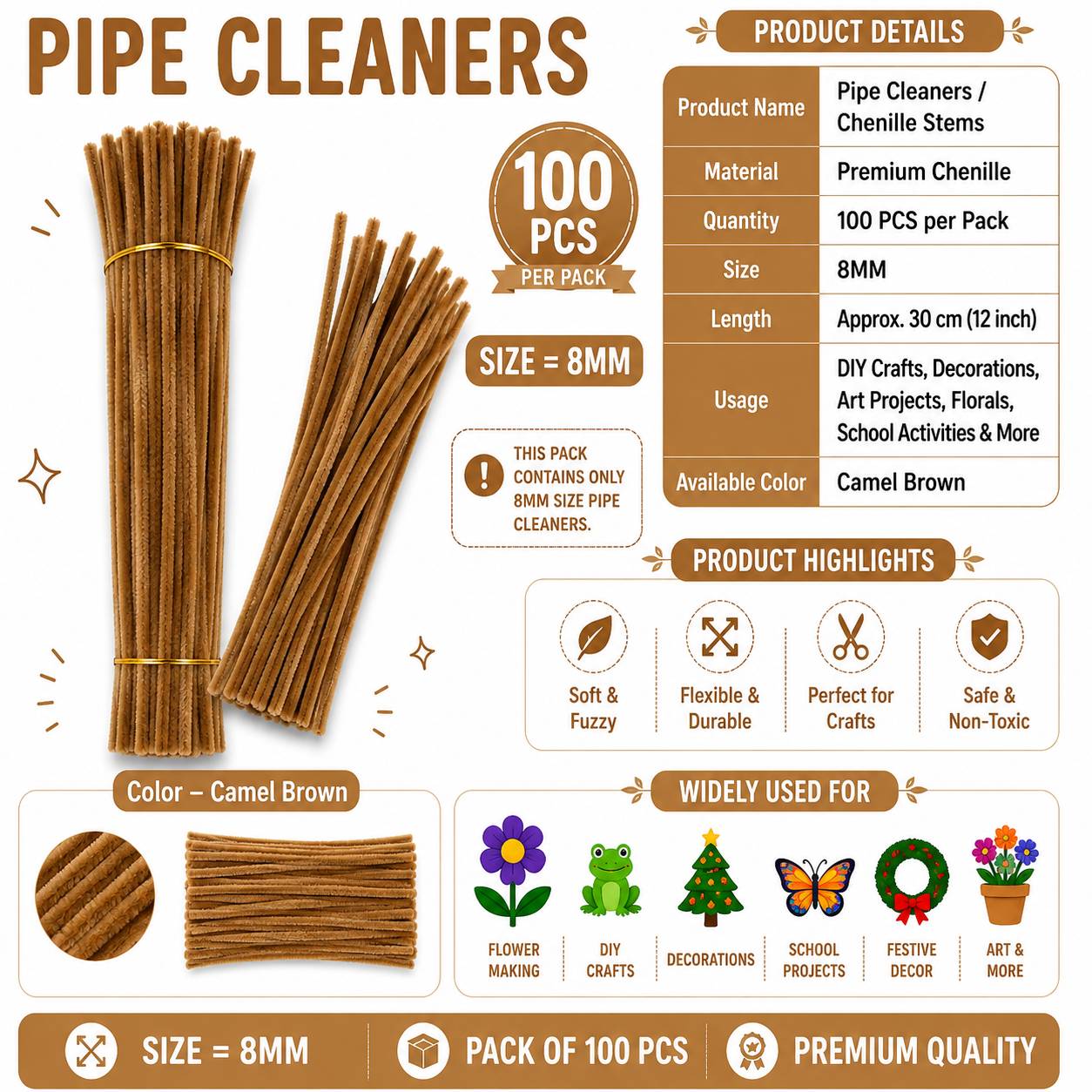 Crafteria Camel Brown Premium Pipe Cleaners (8MM Approx.)