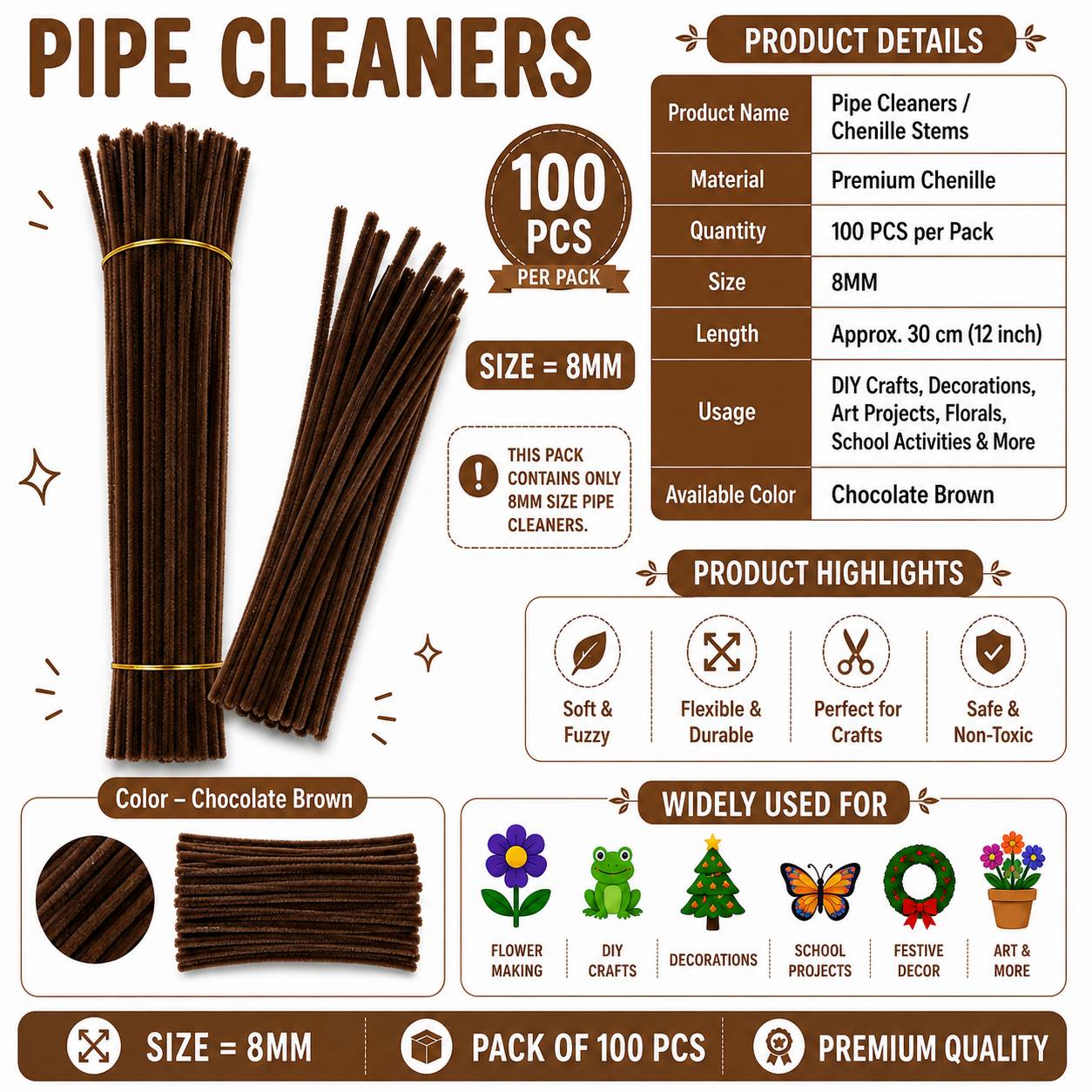 Crafteria Chocolate Brown Premium Pipe Cleaners (8MM Approx.)