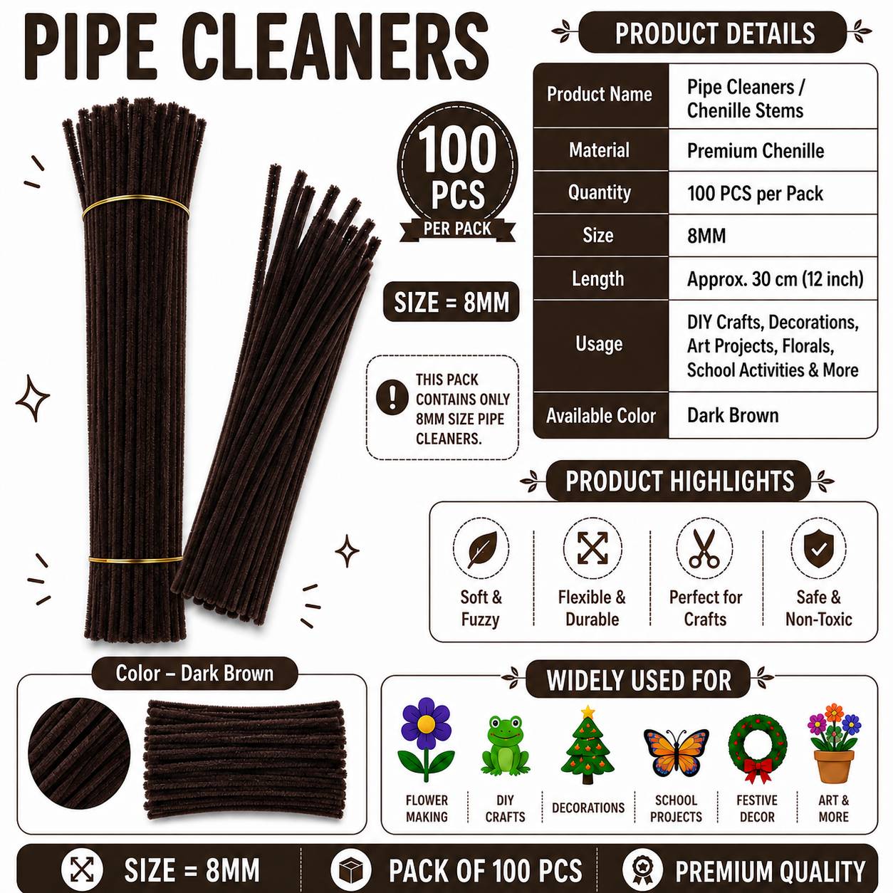 Crafteria Dark Brown Premium Pipe Cleaners (8MM Approx.)