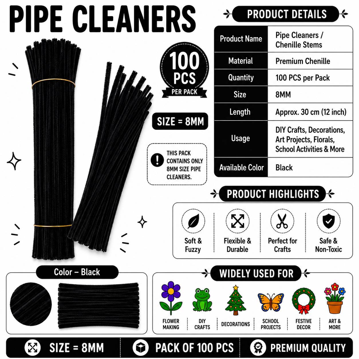 Crafteria Black Premium Pipe Cleaners (8MM Approx.)