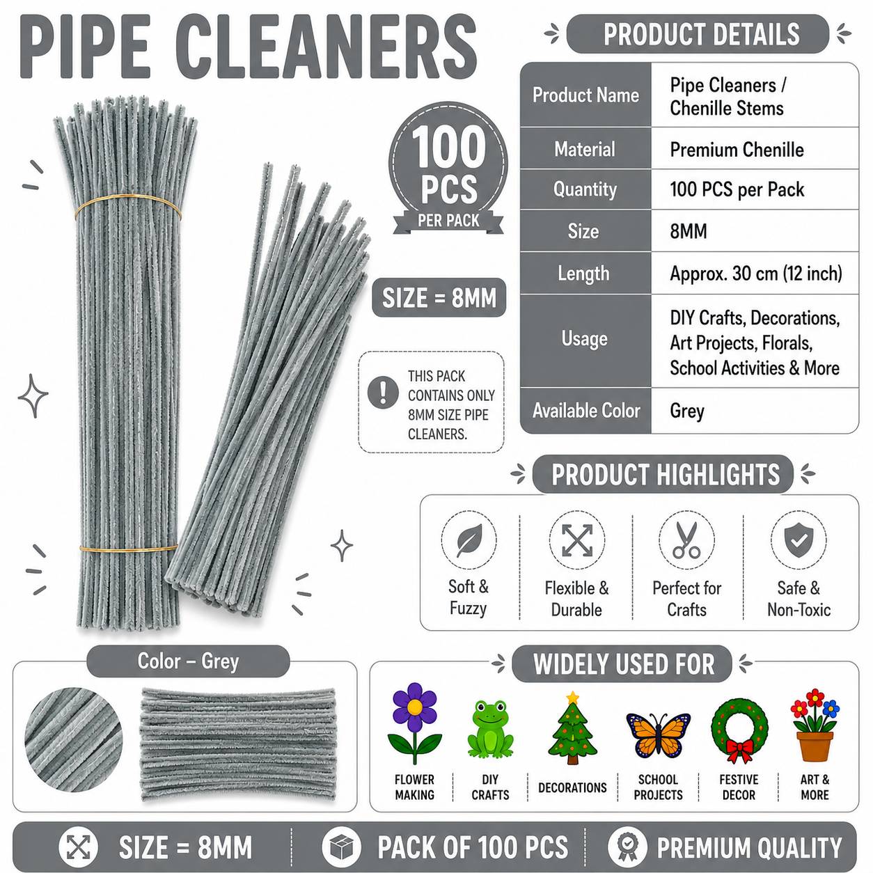 Crafteria Grey Premium Pipe Cleaners (8MM Approx.)