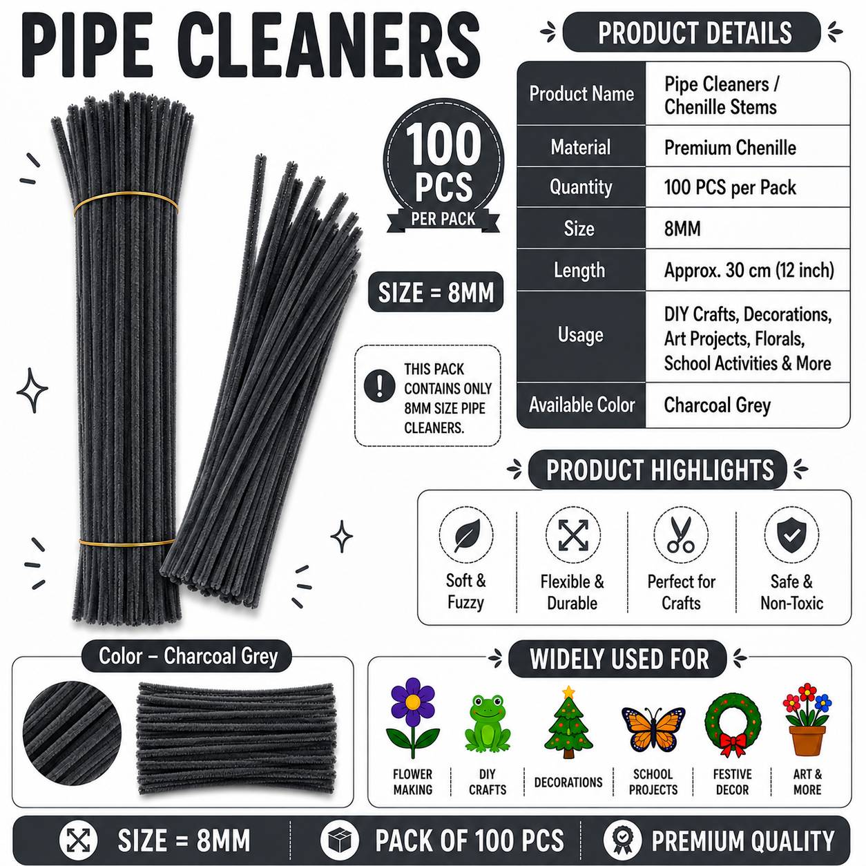 Crafteria Charcoal Grey Premium Pipe Cleaners (8MM Approx.)