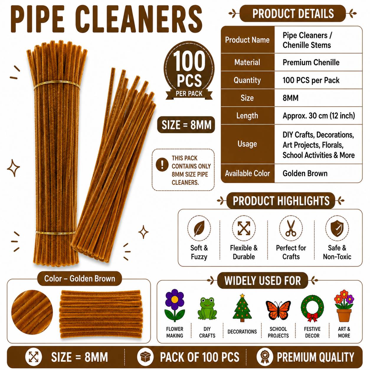 Crafteria Golden Brown Premium Pipe Cleaners (8MM Approx.)