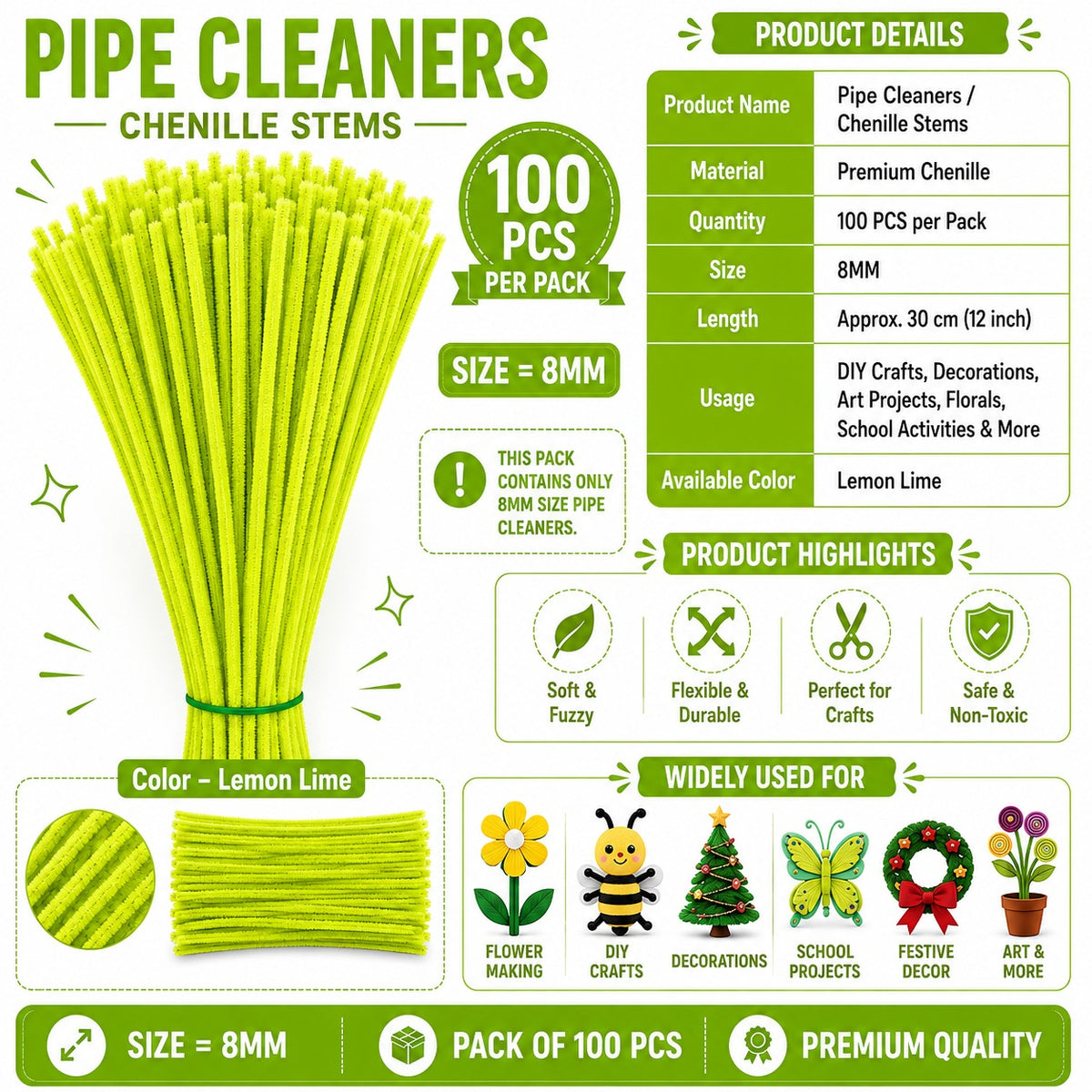 Premium Pipe Cleaners (7-8MM Approx.) (Lemon Lime)