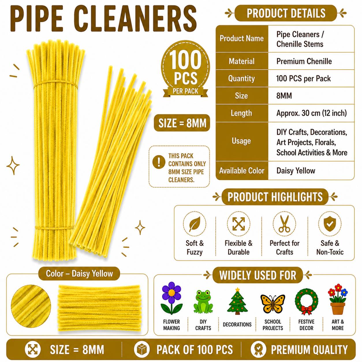Crafteria Daisy Yellow Premium Pipe Cleaners (8MM Approx.)
