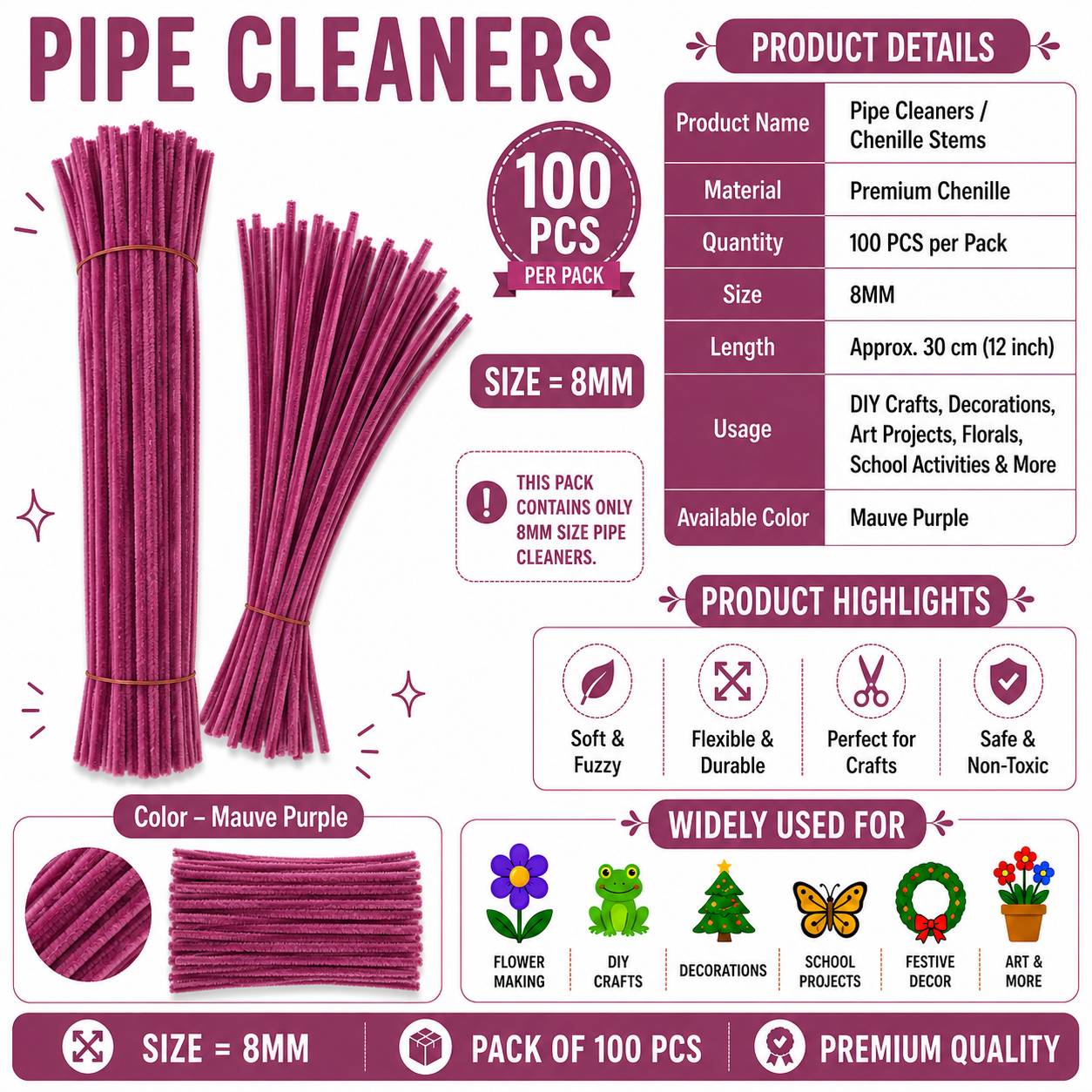 Crafteria Mauve Purple Premium Pipe Cleaners (8MM Approx.)