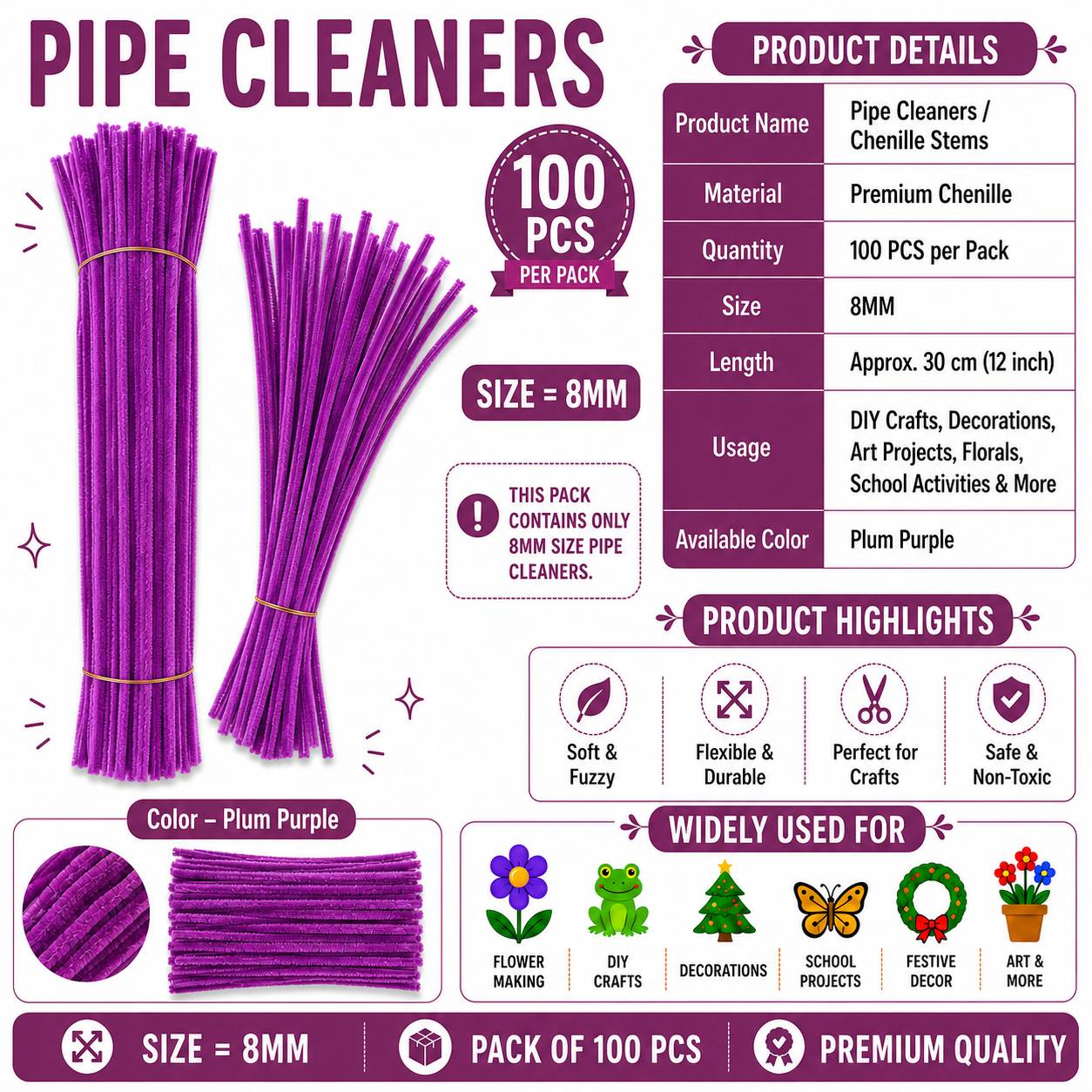 Crafteria Plum Purple Premium Pipe Cleaners (8MM Approx.)