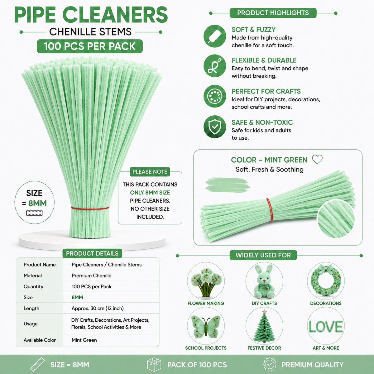 Premium Pipe Cleaners (7-8MM Approx.) (Mint Green)